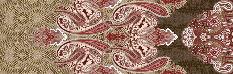 Intricate vintage paisley pattern with floral elements in warm shades. This seamless vector illustration is ideal for textiles, wallpaper, and packaging designs.
