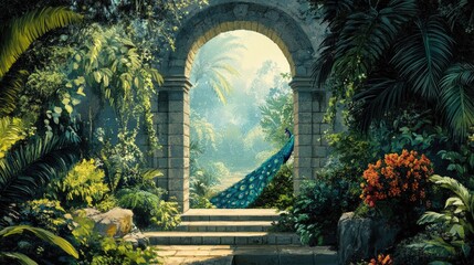 Fototapeta premium Illustration of an arch garden peacock and jungle themed art suitable for wallpaper design