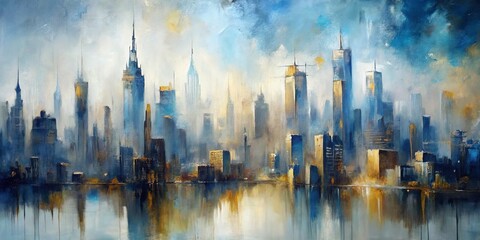 Fototapeta premium Abstract Cityscape with Golden Reflections - Oil on Canvas, city skyline, water reflection, urban art, cityscape, urban, modern art