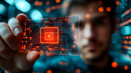 Businessman show digital identification card on virtual screen. Generative AI