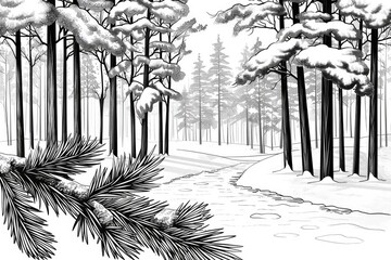 Coloring book illustration of a serene winter forest with tall pine trees adorned with snow A pine branch is featured in the foreground while a path invites exploration into the tranquil woods