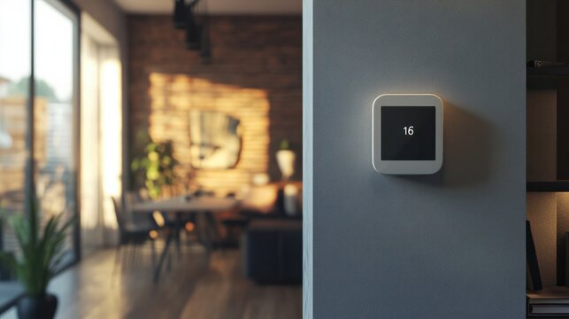 A smart home thermostat mockup mounted on a wall