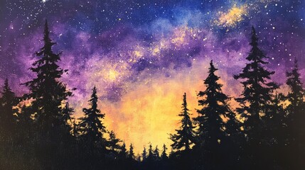 Oil painting depicting a stunning night sky featuring the Milky Way along with silhouettes of trees
