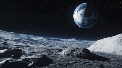 Fototapeta premium A stunning view of Earth and its moon as seen from the surface of another celestial body, surrounded by the vastness of space.