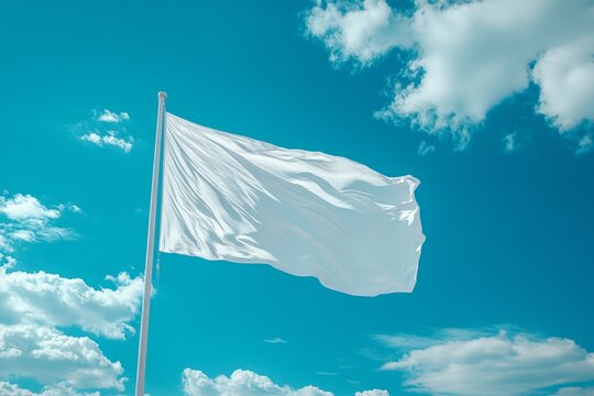 Large white flag waving in the wind on a blue sky background