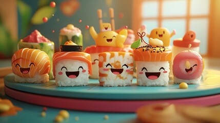 Adorable sushi rolls with smiling faces on a colorful plate.