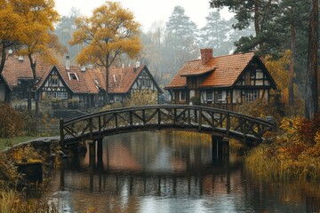 Fototapeta premium Old wooden bridge leading to quaint european village