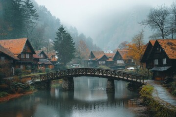 Naklejka premium Wooden bridge crossing calm river flowing between old wooden houses in a mountain village during a foggy autumn day