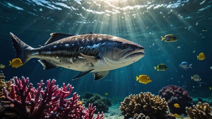 A large fish swims through a coral reef with sunbeams breaking through the surface of the water.