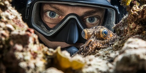 Close Encounter: Diver and Octopus Eye to Eye in Coral Reef