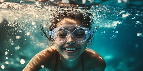 Fototapeta premium Smiling Woman Underwater with Swimming Goggles