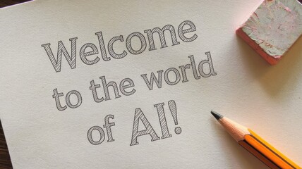 Creative Greeting: Handwritten 'Welcome to the world of AI!' on Paper with Pencil and Eraser - Great for AI-themed Projects