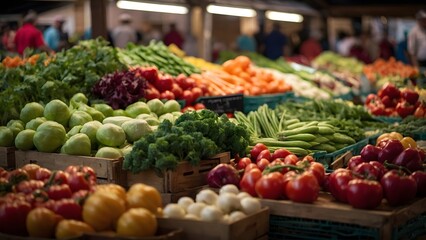Vibrant Display of Fresh Fruits and Vegetables at a Bustling Market in the Afternoon Sun