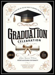 An elegant vector illustration of a graduation celebration invitation featuring a graduation cap, diploma, and vintage typography. Perfect for invitations, announcements, or graduation-themed designs.