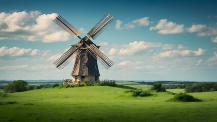 A Classic Windmill Stands on a Green Hill Under a Blue Sky With Fluffy Clouds in the Countryside During Midday