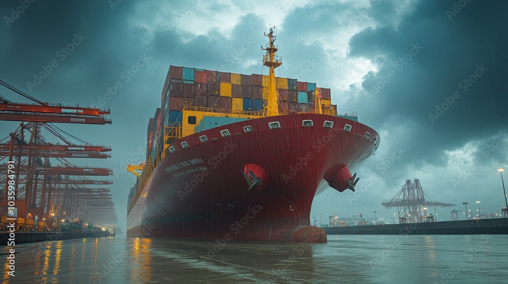 Poster a large container ship is docked at a busy port, surrounded by towering industrial cranes. dark stor