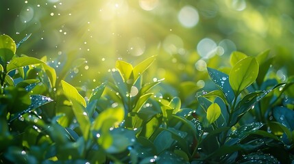 Green leaves with sunlight and bokeh background. Nature background.