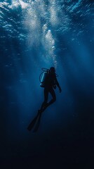 Silhouette of Scuba Diver in Deep Blue Ocean