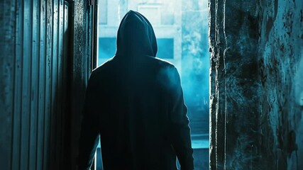 A hooded figure walks through a dark alleyway, the only light coming from a window at the end