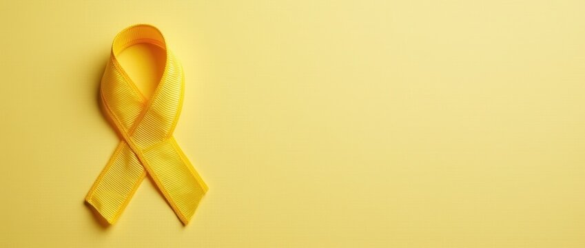 Yellow ribbon on textile background with copy space for endometriosis awareness microencephaly or suicide prevention
