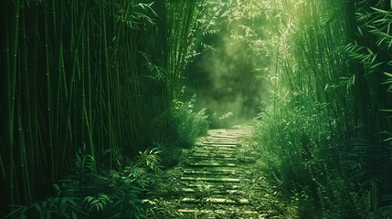 Obraz premium A winding path through a dense bamboo forest