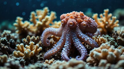Fototapeta premium A close-up of a vibrant octopus with large eyes camouflaged among coral reef in the ocean.