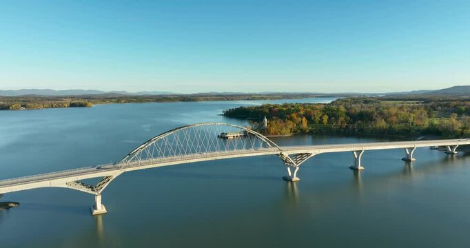 Aerial view of the Lake Champlain Bridge connecting Crown Point, New York, to Vermont.