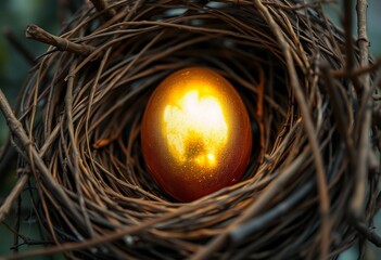Golden Egg Nestled in Twigs Symbol of Success Wealth and Opportunity