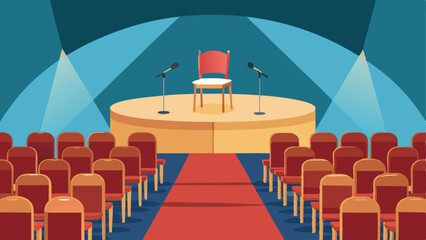 Rows of chairs set up in a semicircle facing a stage with a microphone and podium.