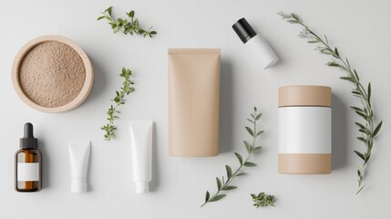 A flat lay of natural beauty products on a white background. There are five products including two tubes of face cream, a jar of face scrub, a bottle of serum, and a jar of face lotion.
