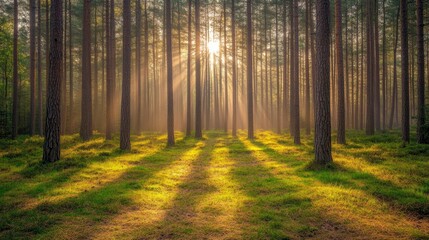 Fototapeta premium Sunbeams in a Pine Forest