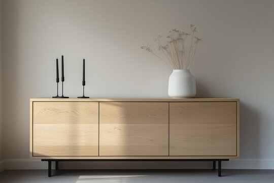 A wooden sideboard with three black candlesticks and a vase with dry tree branches