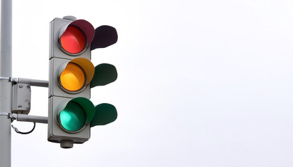 Traffic light on side position provides copy space for text. background concept isolated white