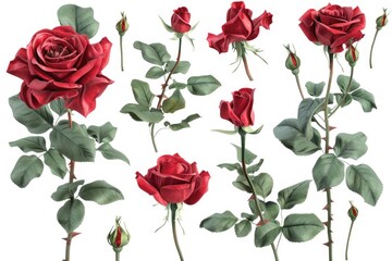 set of red rose flowers isolated