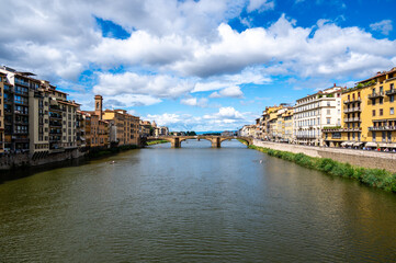 Naklejka premium Florence, Ponte alla Carraia medieval Bridge landmark on Arno river, It is the second oldest bridge, Tuscany, Italy.