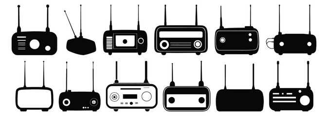 Radio silhouettes set, vintage pack of vector silhouette design, isolated background.
