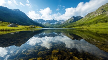 Tranquil mountain lake surrounded by lush greenery with a stunning reflection of the blue sky and fluffy clouds on the calm water's surface, providing a serene view.