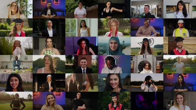 Video starts with a close-up of four individuals, distinct emotions and backgrounds. As camera zooms out, 36 diverse people appear in a grid, representing different ages, ethnicities, and professions.