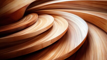 The image showcases a beautiful abstract design with smoothly curved wooden surfaces creating an intricate circular pattern that emphasizes fluidity and movement.