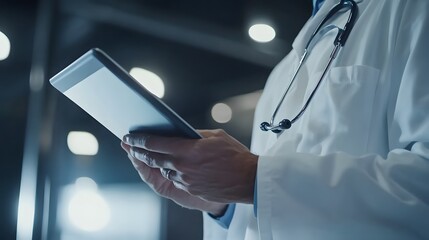 A doctor in a white coat uses a tablet to manage patient information in a hospital, emphasizing modern healthcare technology and digital recordkeeping
