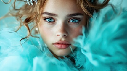 Fototapeta premium A striking close-up of a young woman's face, with piercing blue eyes and vibrant curly hair. An ethereal portrait capturing beauty and seduction.