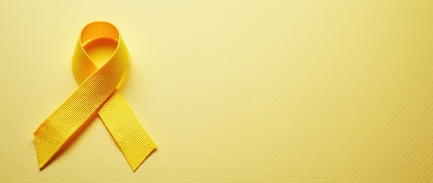 Yellow ribbon on textile background with copy space for endometriosis awareness microencephaly or suicide prevention