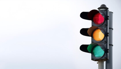 Traffic light on side position provides copy space for text. background concept isolated white