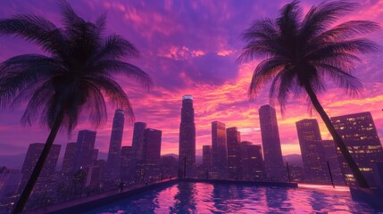Los Angeles downtown skyline with stunning palm tree sunset