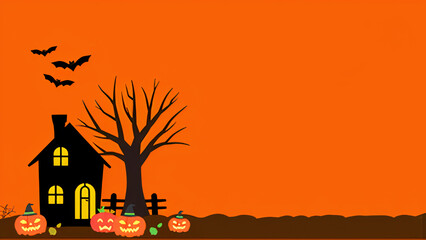 Halloween pumpkin with bats, candle and tree with ghost house creepy night