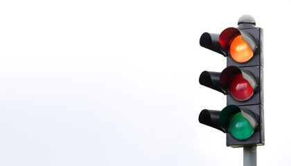 Traffic light on side position provides copy space for text. background concept isolated white