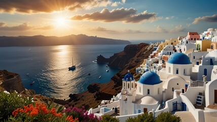 A picturesque sunset over the whitewashed buildings of a Greek village with blue domed churches.