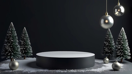 Christmas black background with cylindrical podium for promotion. Round stage for presentation sale product. Stage pedestal or platform in snow between little Xmas trees