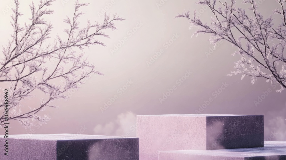Poster soft pastel hues create a calming winter atmosphere, showcasing frosty branches reaching out towards