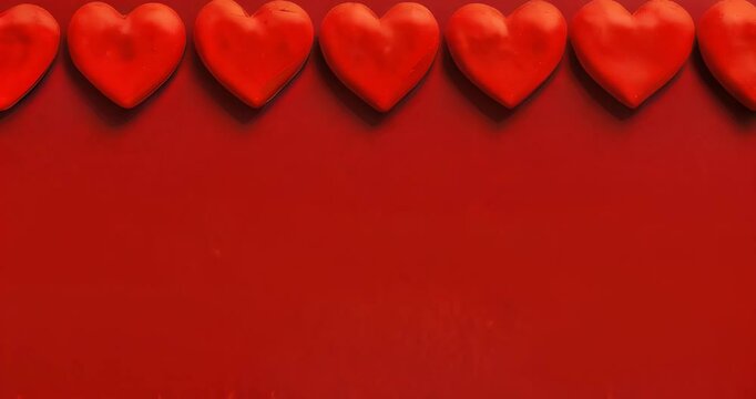 Red textile hearts on paper monocolor background. Happy Valentine's Day top view greeting card with copy space for text. Hearts frame abstract background, flat lay. Hearts Love pattern